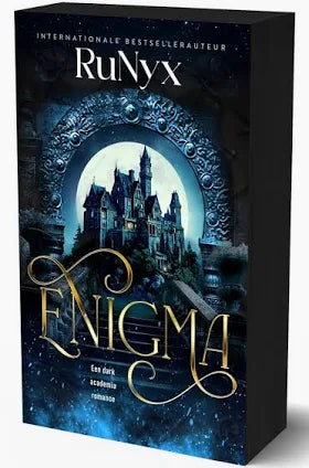 Voorplat van het boek ‘Enigma’ van RuNyx: een duistere, sfeervolle cover donkere tinten, mogelijk met elegante typografie  die meteen doet denken aan geheimen, mysterie en romantiek.